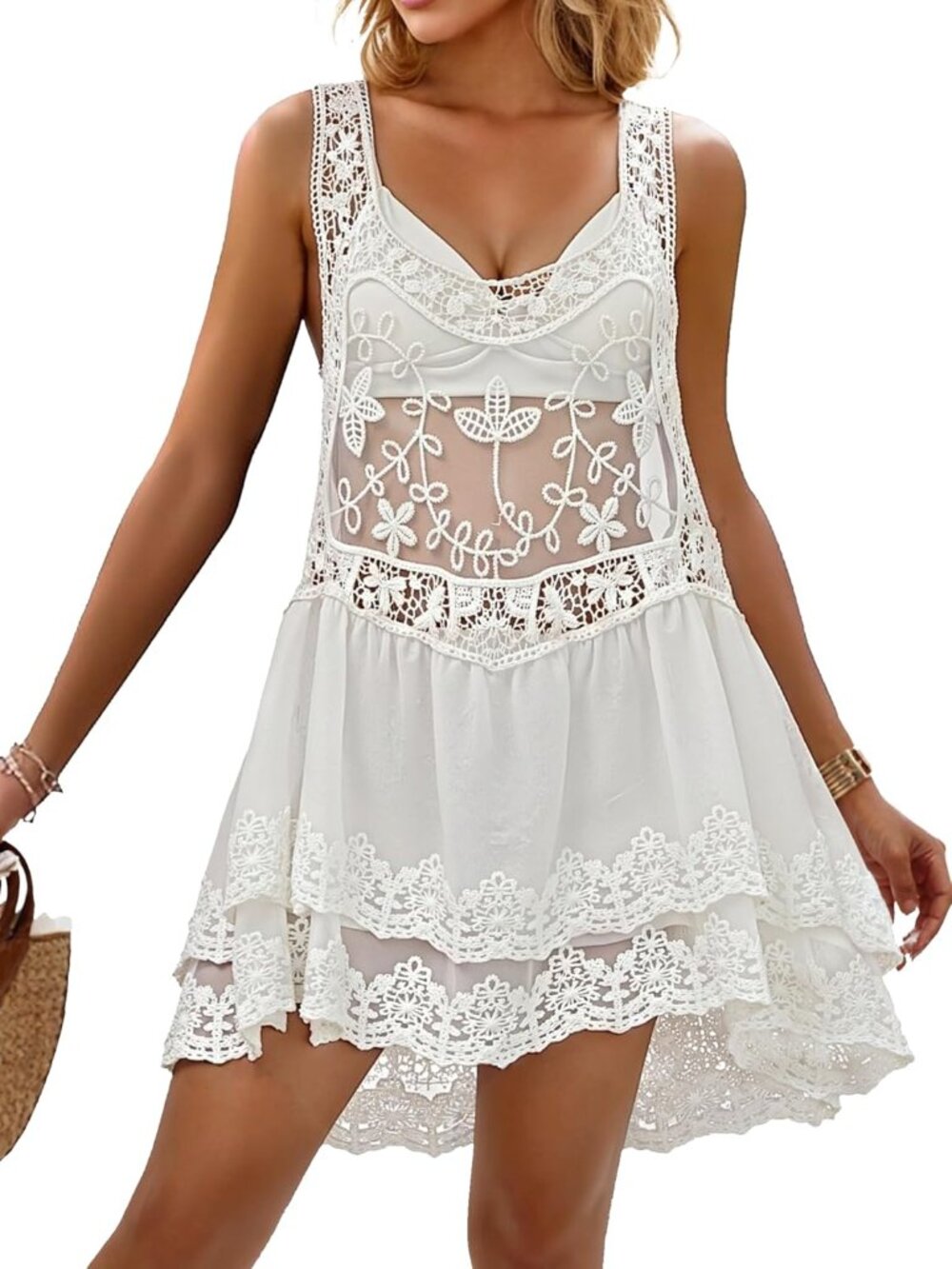 〽️Women's Bathing Cover Up White Lace Sheer Sleeveless Backless Beach Dress
